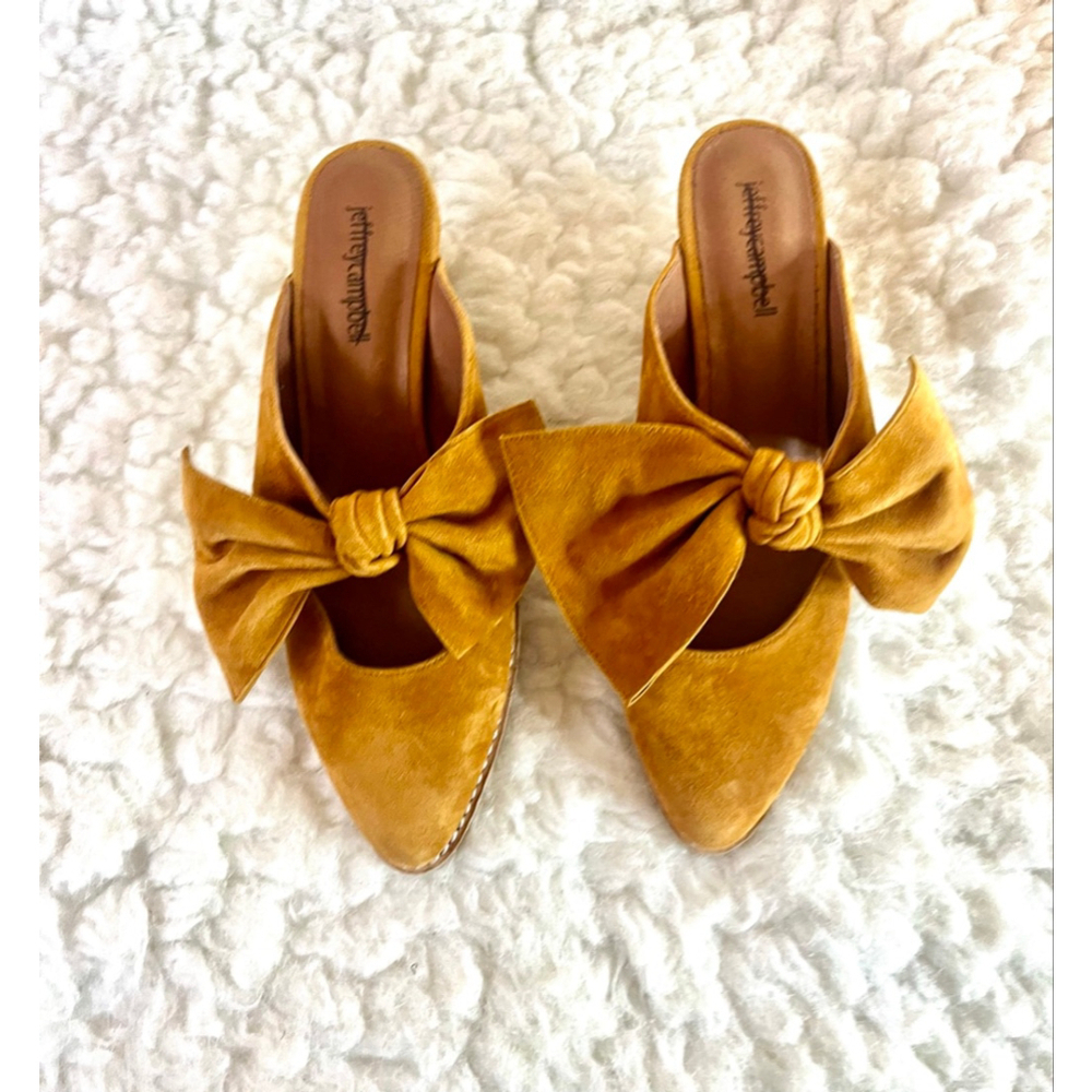 Jeffrey Campbell Mustard Gold Suede Bow Tie Mules Women Size 6.5